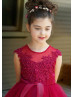 Pearl Beaded Neck Lace Tulle Flower Girl Dress With Horsehair Hem